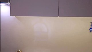 Sexy Blonde Maid in Stockings Masturbates on Kitchen Counter