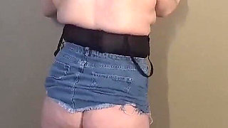 Stripping in Denim Miniskirt Holdups and Heels