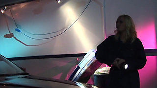 Gorgeous blonde MILFs have sex on car