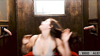 Gloryhole double blowjob with a long-legged brunette Abbie Maley