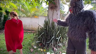 Angry wolf fucks little red riding hood with small tits in the forest in her sweet mouth