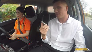 Busty blonde is publicly fucked in a car by a lustful inspector during a driving test.