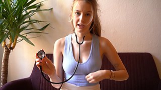 Stunning girl's sensual ASMR roleplay exam with hot nurse includes body inspection and ear licking triggers