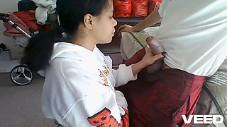 Intense role play with an ebony beauty giving a harsh blowjob and gagging on a big dick