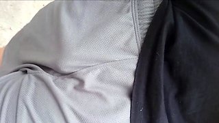Freeballing Grey Shorts Flaccid Cock Swinging Outdoors