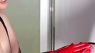 Two hot big tittied lesbians kiss with latex gloves!