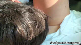 Car Sex on Back Seat - No Panties Skirt up, Cunnilingus to Cowgirl & Missionary Creampie on Stomach