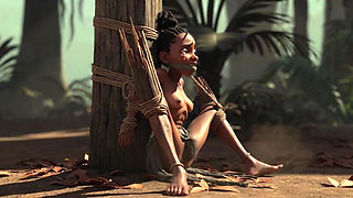 African Girl Bound in Rope Bondage - Hairy Wet Pussy Craving for Cock