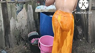 Indian House Wife Bathing Outside