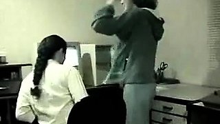 Two horny amateur babes give lesbian sex a try in the office