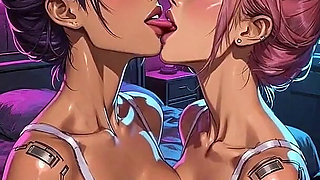 Cyberpunk Lesbians Tongue and Kiss Fetish, Ai Animation
