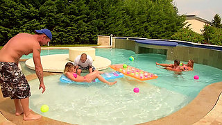 Blonde Poolside Gangbang with Multiple Cocks