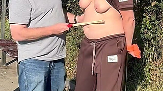 Tits Play with Clamps and Weights, Outdoor Bondage for Tits and Ass Caning