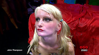 Pigtail Blonde Gangbang Slut Swallows Loads