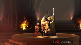 A magnificent teenager blonde gets banged hard by a fire demon in the dungeon space